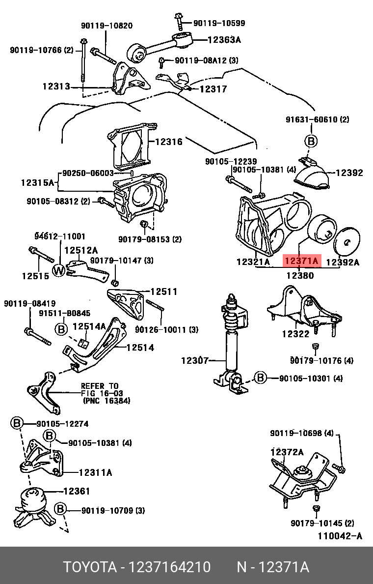 подушка двигателя AE111 2C 3CE 12371-64210 TOYOTA 1237164210