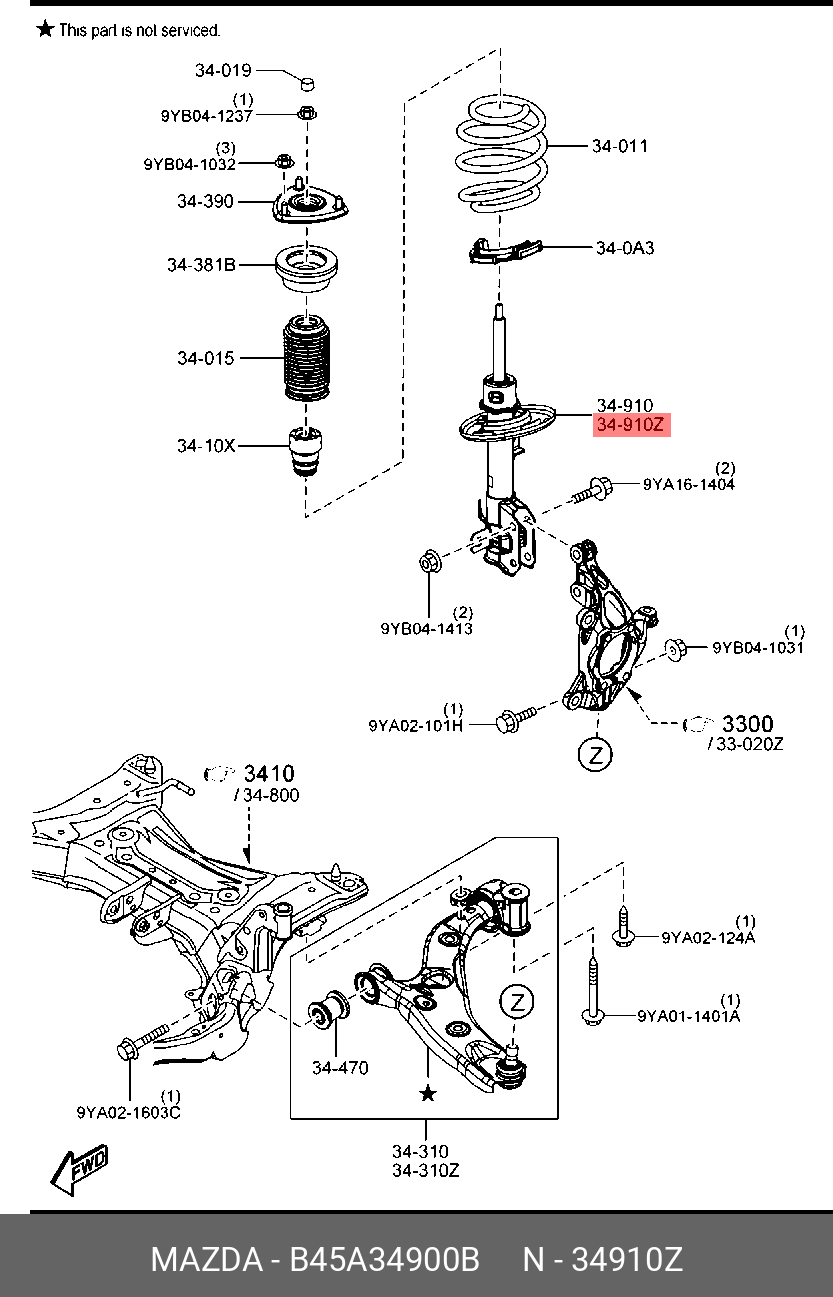 Амортизатор подвески передний левый Mazda3 (2013- 2016) MAZDA B45A34900B