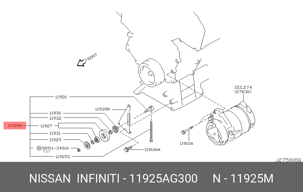 Ролик натяжной навесного оборудования NISSAN 11925AG300