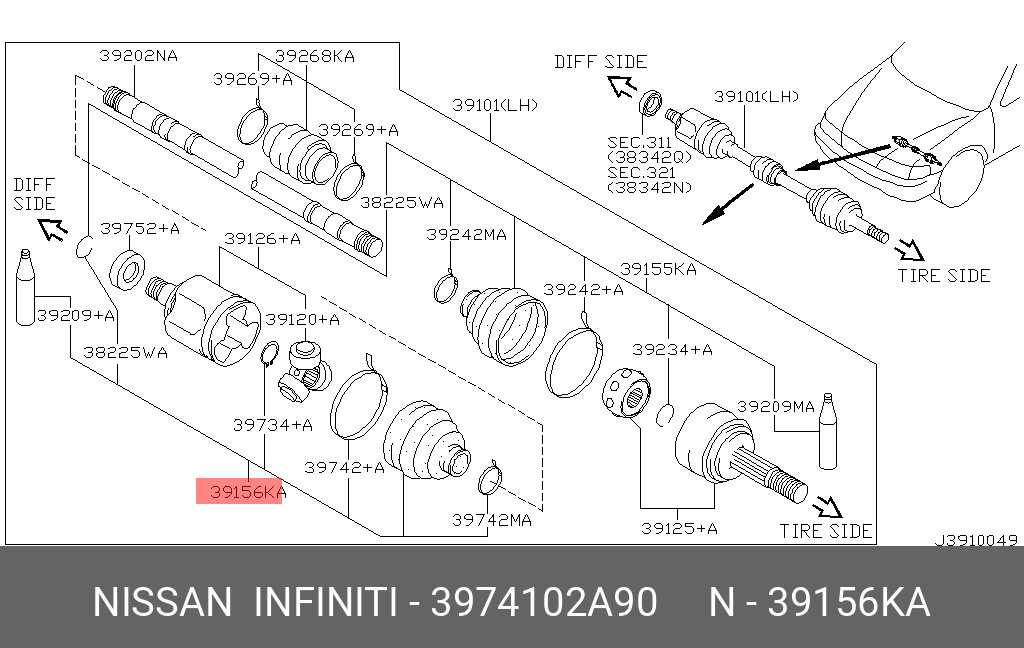 Комплект пылника приводной вал NISSAN 3974102A90